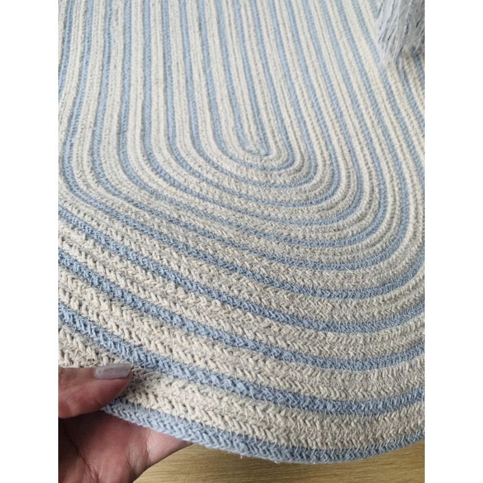 Cotton Oval Bath Mat-Hand Made-100% Cotton Light Blue Cream-Ultra Soft and Absorbent Rugs
